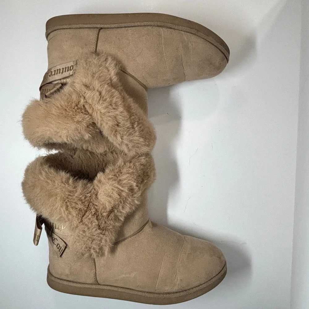 Juicy Couture King Winter Boots Womens 11 Tan Faux Fur Ribbon‎ Bow Casual Winter